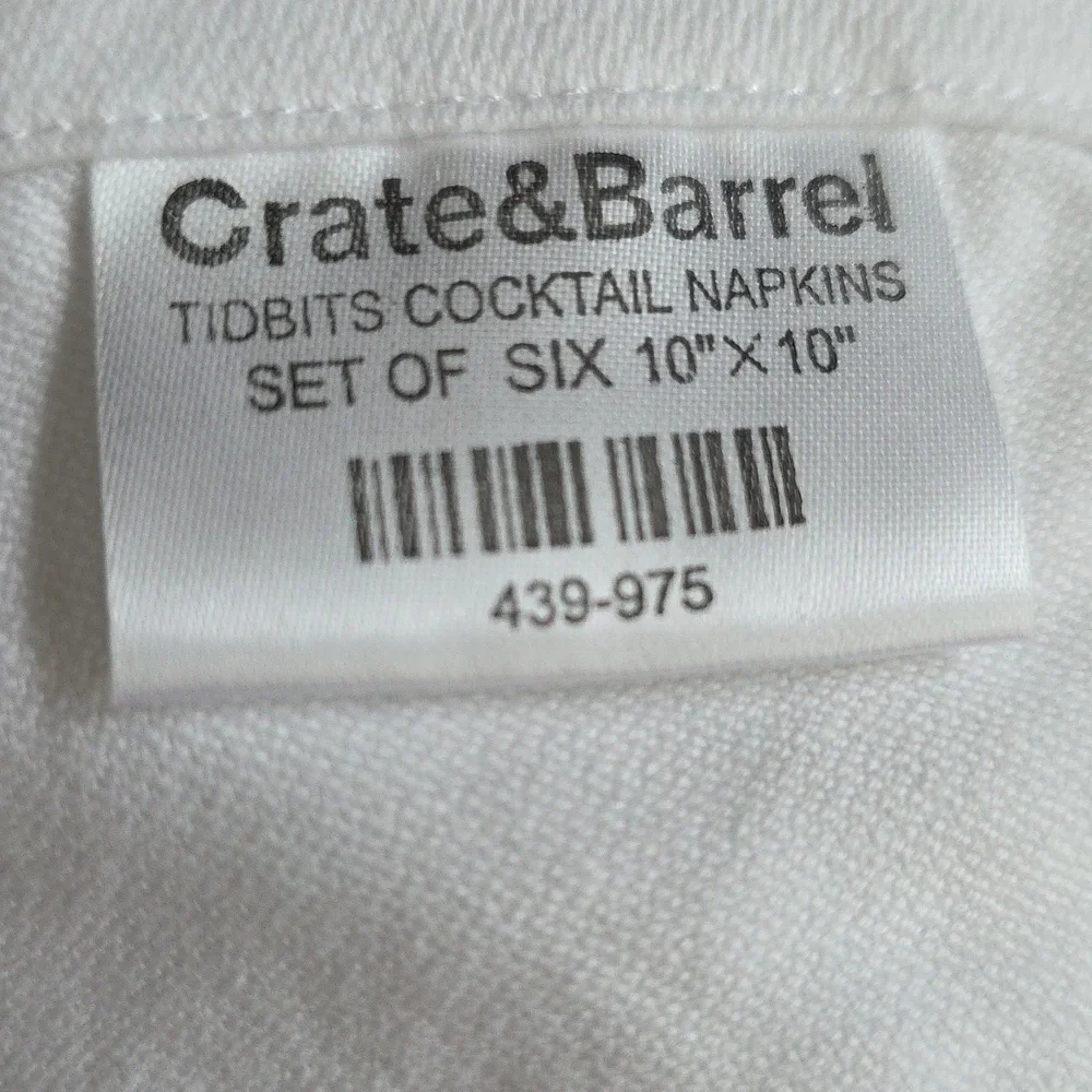 Crate & Barrel Cocktail Napkins Set, White with Embroidery, Set Of 6.